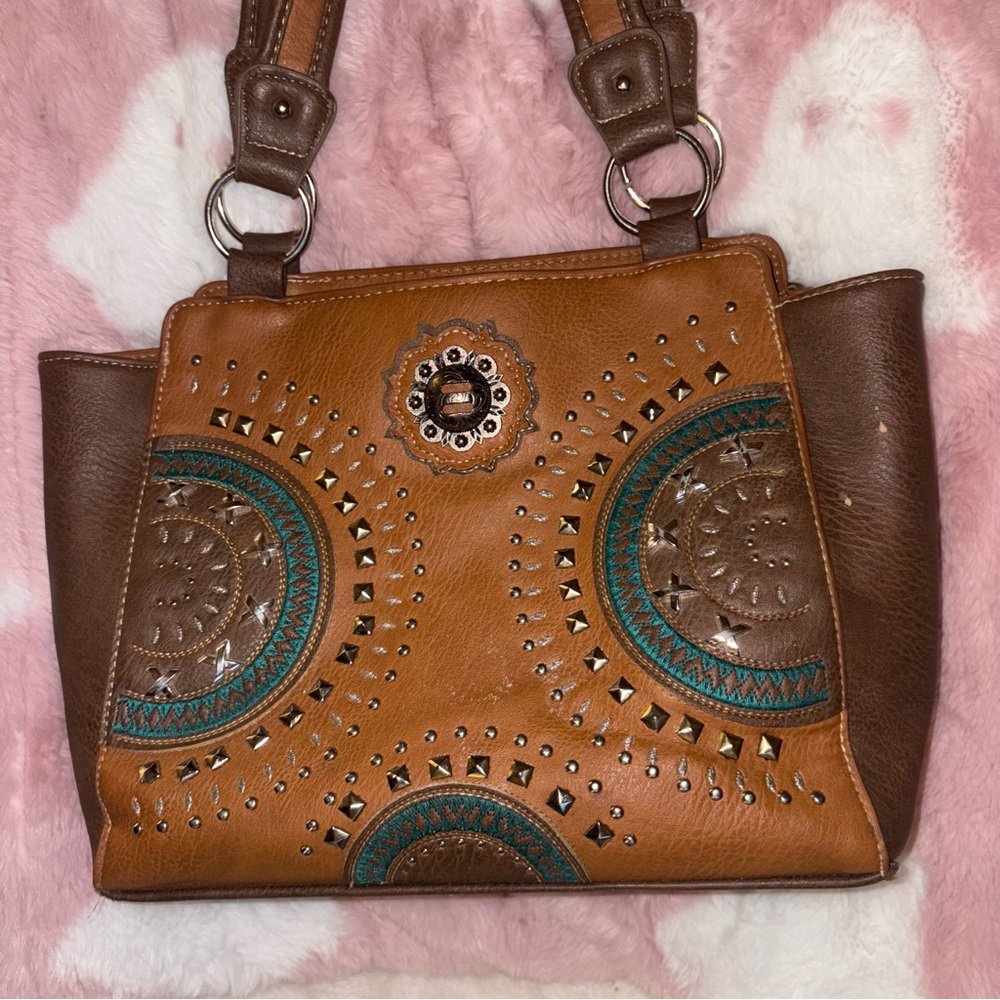 Brown and Teal Embellished Women's Bag